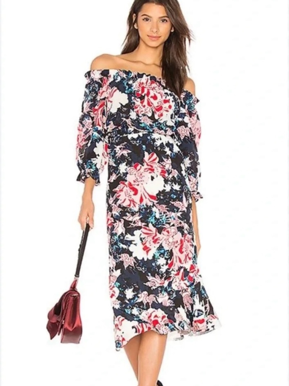 SALONI Off-Shoulder Tigerlily Silk Floral Midi Dress in Navy, Pink and White